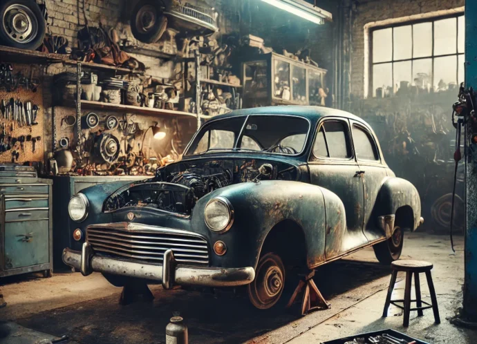 DALL·E 2025-03-17 23.02.30 - An old classic car inside a mechanic's workshop, partially disassembled, with tools and spare parts around. The car has a vintage look, possibly from