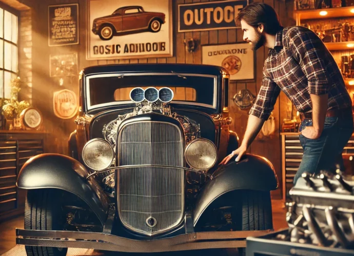 DALL·E 2025-03-17 23.04.42 - A petrolhead admiring a beautifully restored classic car from the 1960s in a stylish garage. The car has a gleaming paint job, chrome details, and a p